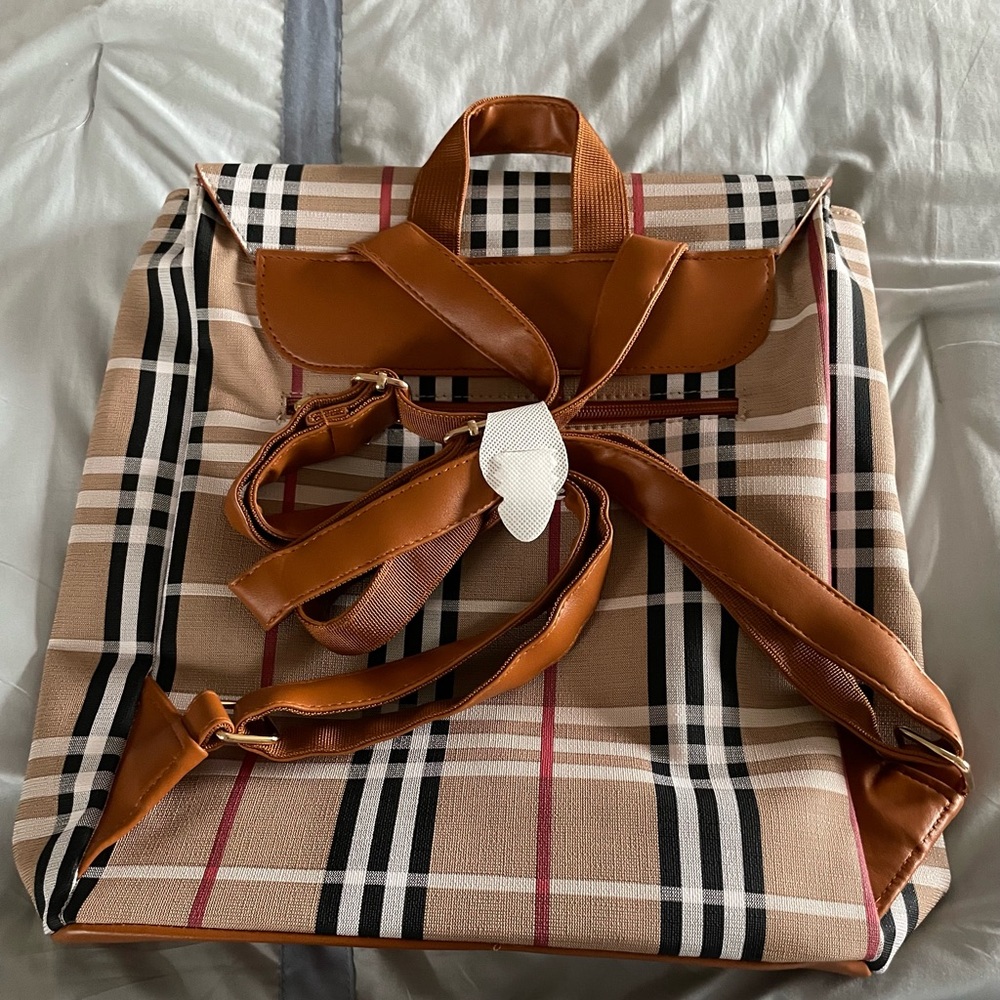 Plaid Backpack with Buckle Accents - Picture 2 of 6
